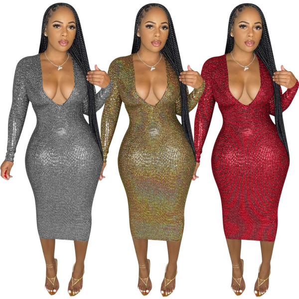 Temperament Fashion Deep V Stamping Fabric Dress