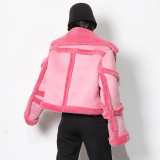 Polo Collar Solid Splice Lamb Hair Short Jacket