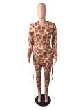 Women's fashion leopard print splicing long sleeve hip wrap high waist dress+trousers suit
