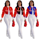 Casual letter embroidered lint with threaded bomber jacket L5338