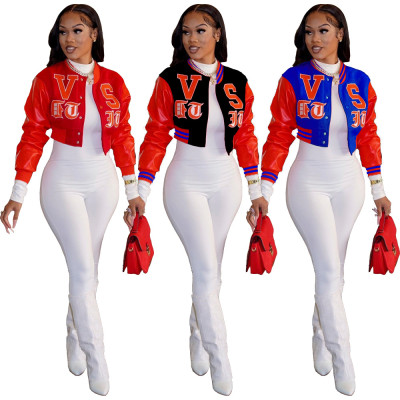 Casual letter embroidered lint with threaded bomber jacket L5338