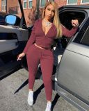 Solid zip hooded drawstring sweater two-piece sports suit