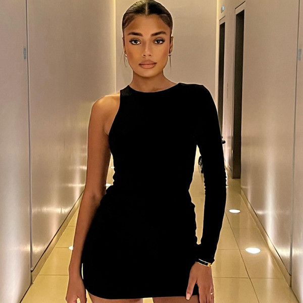 Fashion round neck one shoulder sexy high waist hip wrap dress