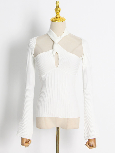 Long Sleeve Hollow Off Shoulder Solid Short Women's T-Shirt Twist Knit