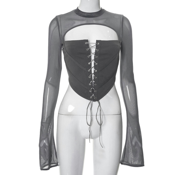 Solid casual backless round neck long sleeve lace mesh slim top