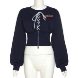 Women's fashion sexy round neck strap chest zipper waist waist exposed navel sweater