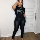 Fashion high waist PU leather sexy tight hip lifting casual trousers