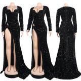 Sexy Slim V Neck Wrapped Chest Sequins Floor Length Dress Nightclub Dress