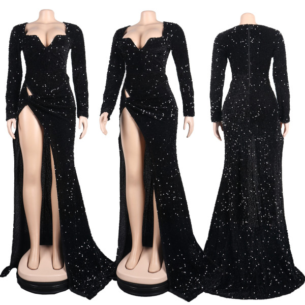 Sexy Slim V Neck Wrapped Chest Sequins Floor Length Dress Nightclub Dress