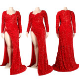 Sexy Slim V Neck Wrapped Chest Sequins Floor Length Dress Nightclub Dress