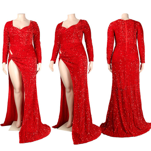 Sexy Slim V Neck Wrapped Chest Sequins Floor Length Dress Nightclub Dress