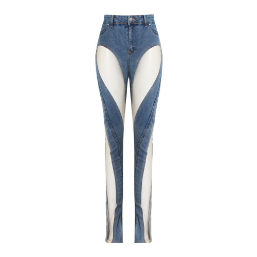 Fashionable sexy spiral mesh splicing split jeans
