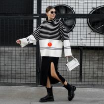 Women's high neck knitting stripe loose sweater top Women's high neck knitting stripe loose sweater top