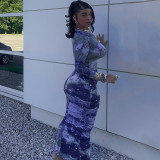 Casual Star Sky Print Round Neck Long Sleeve Slim Long Dress