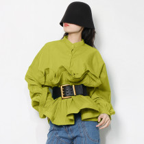 Stand collar long sleeve pleated ruffles, careful machine, versatile top, fashionable matching belt Stand collar long sleeve pleated ruffles, careful machine, versatile top, fashionable matching belt