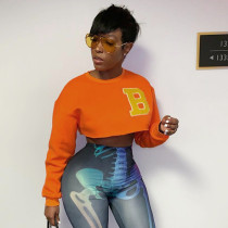 Letter Embroidery Round Neck Long Sleeve Open Umbilical Slim Short Bodysuit Letter Embroidery Round Neck Long Sleeve Open Umbilical Slim Short Bodysuit