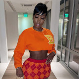 Letter Embroidery Round Neck Long Sleeve Open Umbilical Slim Short Bodysuit