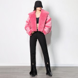 Polo Collar Solid Splice Lamb Hair Short Jacket