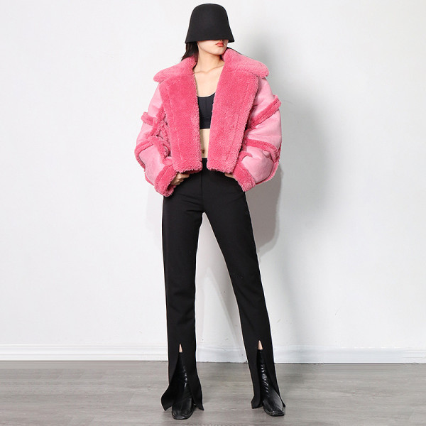 Polo Collar Solid Splice Lamb Hair Short Jacket