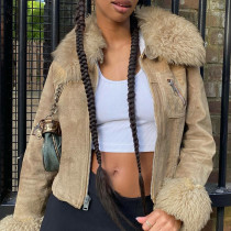 Wool Collar Suede Zipper Decorative Pocket Slim Short Coat Wool Collar Suede Zipper Decorative Pocket Slim Short Coat