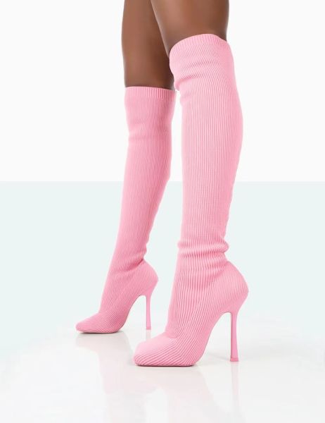 Oversized women's shoes solid color elastic fly woven upper square head thin heel knee socks boots