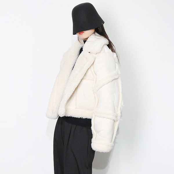 Polo Collar Solid Splice Lamb Hair Short Jacket
