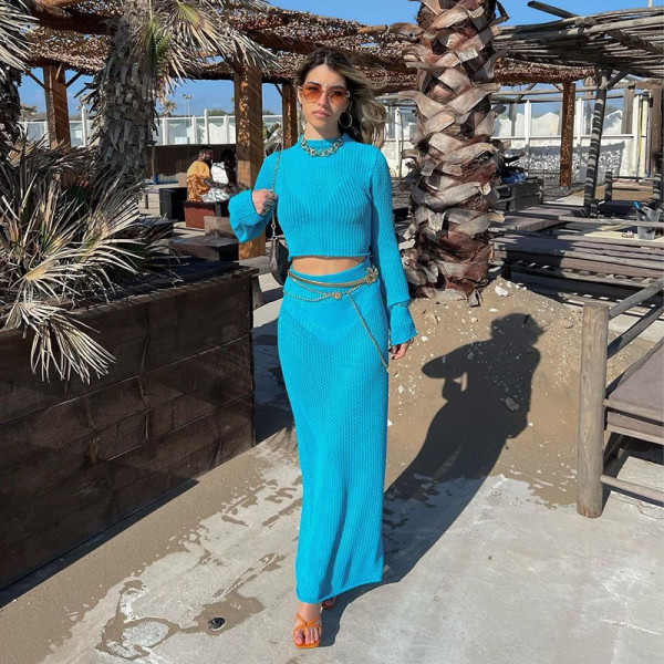 Solid casual open navel long sleeve round neck top slim long skirt suit
