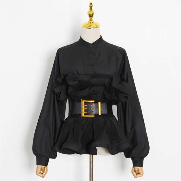 Stand collar long sleeve pleated ruffles, careful machine, versatile top, fashionable matching belt