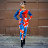 Fashion printed top and trousers pit strip two-piece set