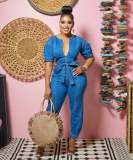Fashion women's loose denim short sleeve jumpsuit JLX6945