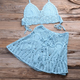 Hook Bikini Wrap Chest with Sexy Versatile Hollow out Pleated Skirt Split Swimsuit