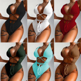 One piece bikini solid color hollow strap one piece swimsuit