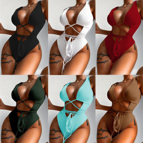 One piece bikini solid color hollow strap one piece swimsuit