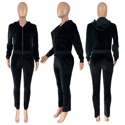 Two piece velvet thread zipper hood suit
