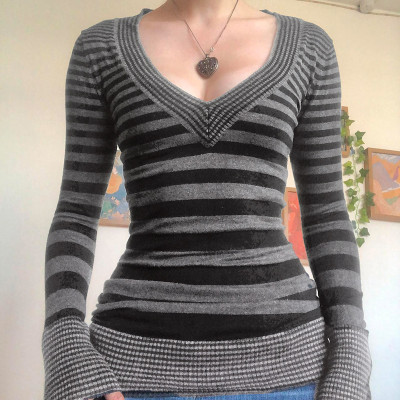 Vintage Spice Girl Stripe V-Neck Slim Fit Tee Shirt