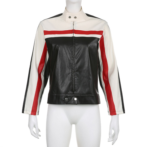 Fashion Brand Splice Contrast Loose Leather Coat
