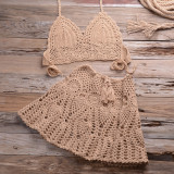 Hook Bikini Wrap Chest with Sexy Versatile Hollow out Pleated Skirt Split Swimsuit