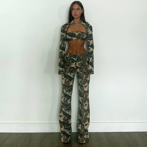 Camouflage Slim Fit Multi Pocket Workwear Personality Straight Leg High Waist Pants