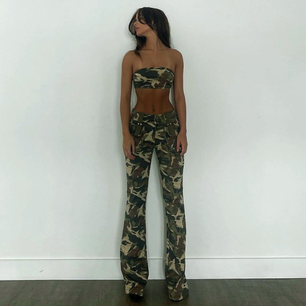Camouflage Slim Fit Multi Pocket Workwear Personality Straight Leg High Waist Pants