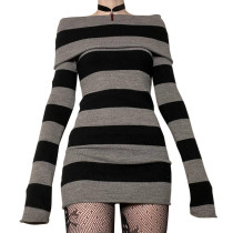 Vintage Wide Stripe One Neck Knitted Long Sleeve Dress