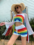 Rainbow Color Contrast Split Swimsuit Cover Up Color Tassel Sunscreen Beach Women's Hook Set