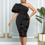 Sloping shoulder bubble sleeve hip wrap sexy dress large dress
