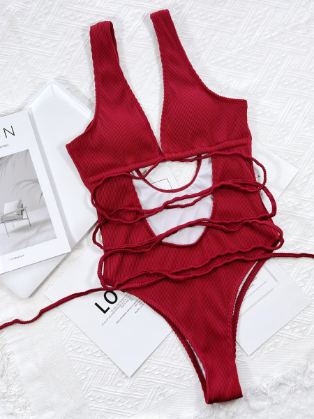 One piece bikini solid color hollow strap one piece swimsuit