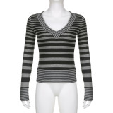 Vintage Spice Girl Stripe V-Neck Slim Fit Tee Shirt