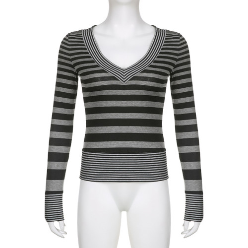 Vintage Spice Girl Stripe V-Neck Slim Fit Tee Shirt