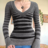 Vintage Spice Girl Stripe V-Neck Slim Fit Tee Shirt