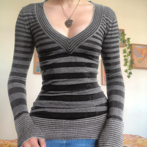 Vintage Spice Girl Stripe V-Neck Slim Fit Tee Shirt