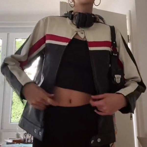 Fashion Brand Splice Contrast Loose Leather Coat