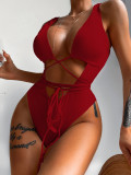 One piece bikini solid color hollow strap one piece swimsuit