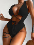 One piece bikini solid color hollow strap one piece swimsuit